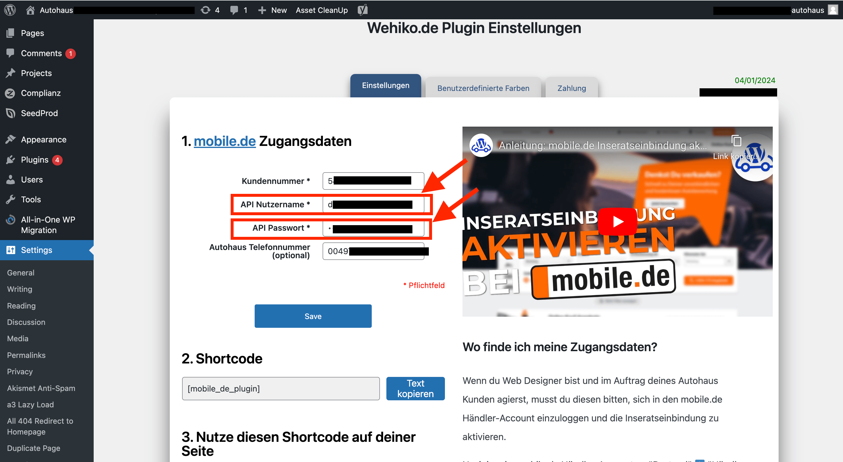 Wordpress Dashboard - mobile.de Integration 2023